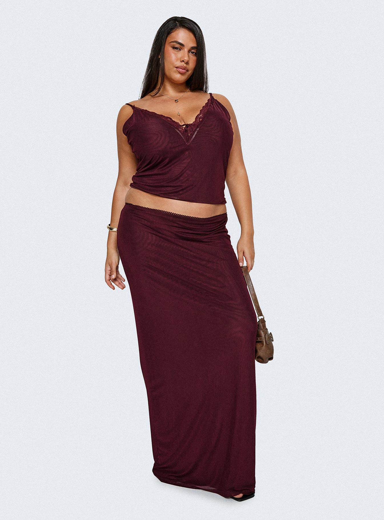 Reiko Lace Trim Tie Front Maxi Set Burgundy Curve