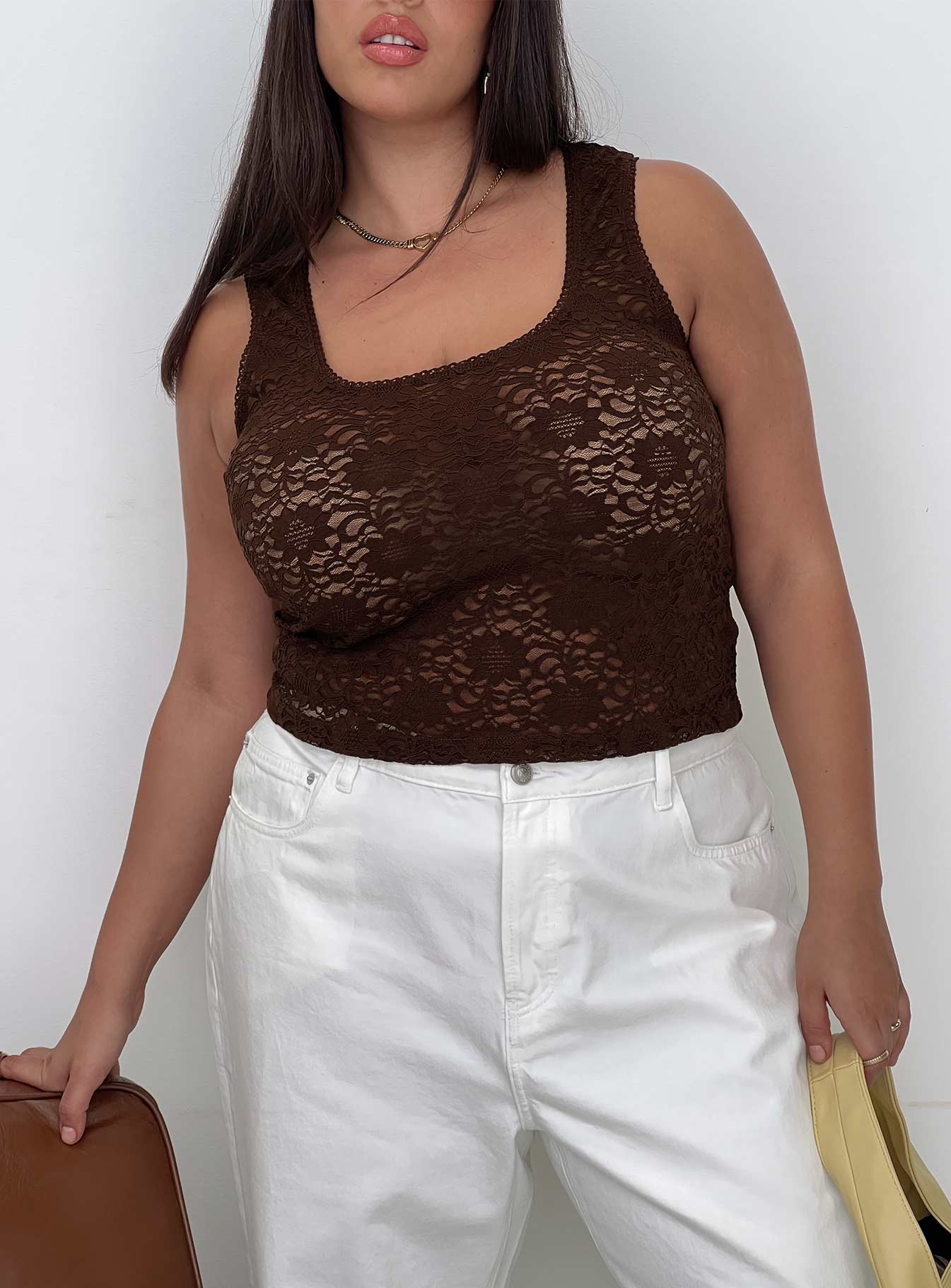 front view of model wearing Princess Polly Bennington Lace Top Brown Curve Sleeveless Square Neck 