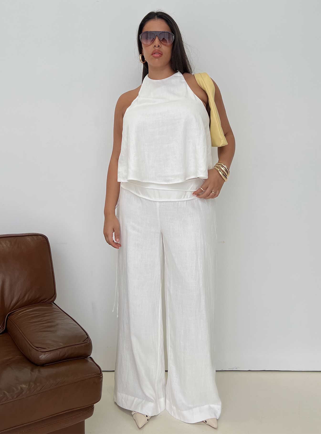 front view of model wearing Princess Polly Silver Moon Linen Blend Tie Pants White Curve High Waisted Pants 