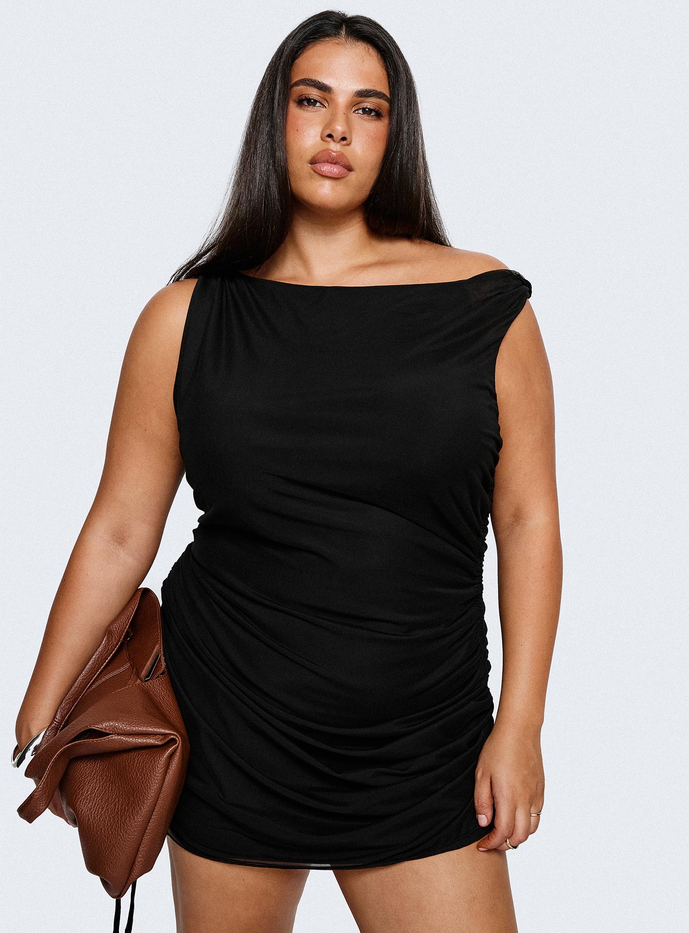 front view of model wearing Princess Polly Bella Luna Ruched Mini Dress Black Curve Asymmetric Neckline 