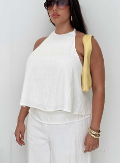 front view of model wearing Princess Polly Aquaria Halter Linen Blend Top White Curve Sleeveless Crew Neck 