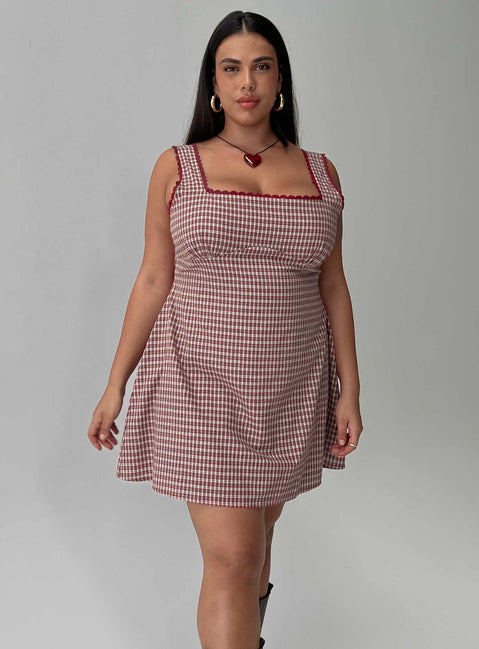 front view of model wearing Princess Polly Dasha Mini Dress Red Check Curve Square Neck 