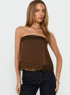 Sheyla Strapless Satin Lace Trim Top Chocolate