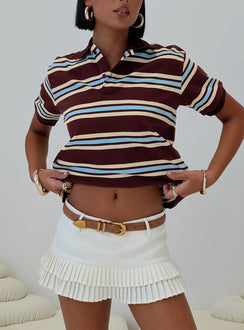 front view of model wearing Princess Polly Leisure Polo Chocolate Multi Short Sleeves High Neck 