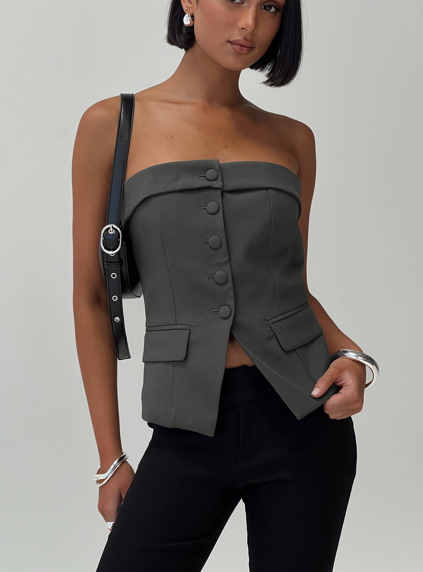 side view of model wearing Princess Polly Change It Up Strapless Top Grey Sleeveless straight 