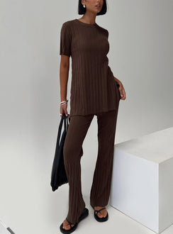 front view of model wearing Princess Polly Palomia Ribbed Pants Chocolate High Waisted Pants 