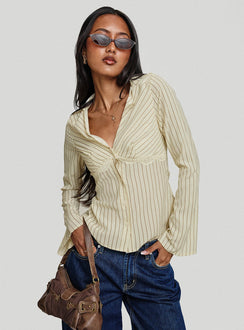 front view of model wearing Princess Polly Life Begins Long Sleeve Lace Trim Top Cream Stripe Full Sleeves V-Neck 