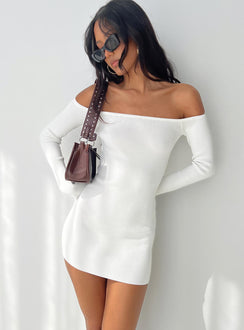 back view of model wearing Princess Polly Parisa Long Sleeve Mini Dress White Straight Neck 