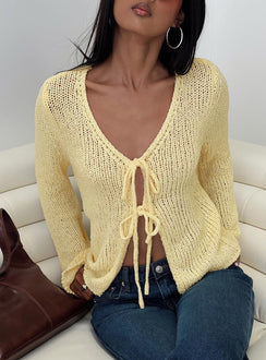 front view of model wearing Princess Polly Swain Knit Cardigan Lemon 