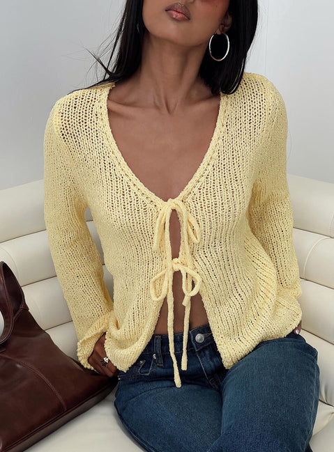 front view of model wearing Princess Polly Swain Knit Cardigan Lemon 