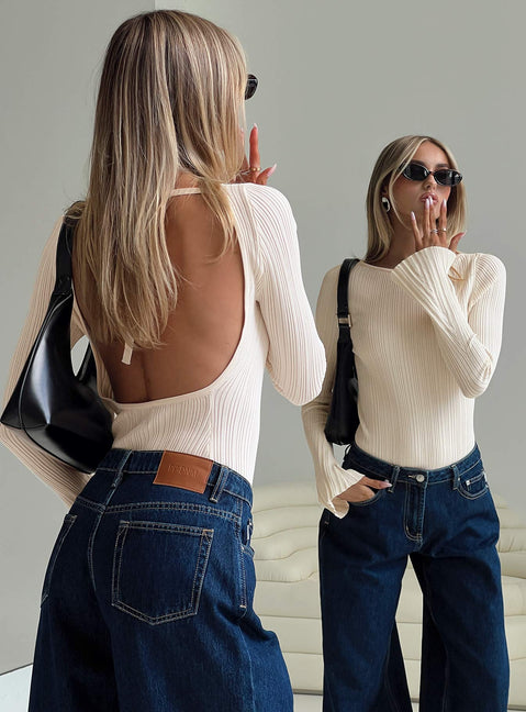 back view of model wearing Princess Polly Mayok Long Sleeve Bodysuit Beige Long Sleeve Tops Bodysuit 