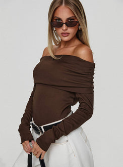 side view of model wearing Princess Polly Spoilt Off The Shoulder Bodysuit Brown Long Sleeve Tops Bodysuit 