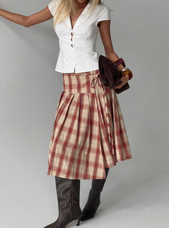   front view of model wearing Princess Polly Norie Wrap Pleat Midi Skirt Red Plaid Midi Skirts Skirts 