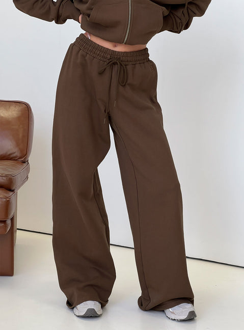 back view of model wearing Princess Polly All Day Straight Leg Sweatpants Chocolate Brown High Rise Pants 