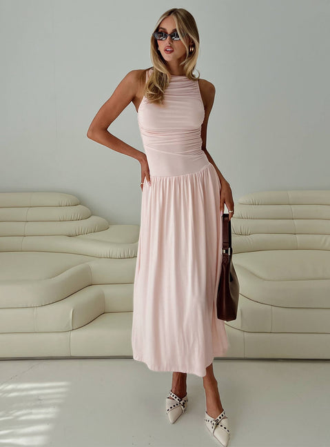 front view of model wearing Princess Polly Reveur Ruched Maxi Dress Pink High Neck 
