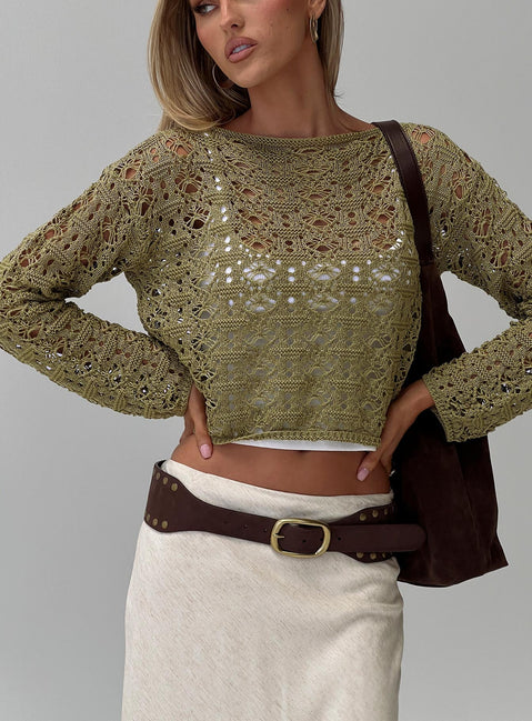 side view of model wearing Princess Polly Birdena Sweater Green Cropped 