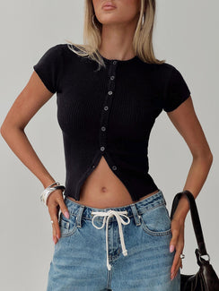 front view of model wearing Princess Polly Suzu Top Black Short Sleeves High Neck 