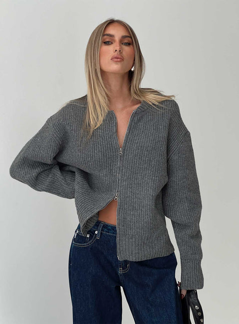 front view of model wearing Princess Polly Lexene Zip Through Jumper Grey Longline Jumpers Jumpers 