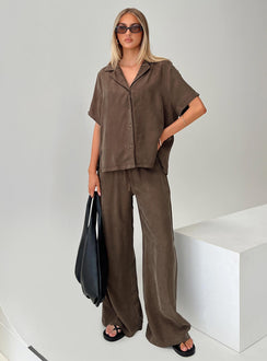 front view of model wearing Princess Polly Mahlab Pants Chocoloate High Waisted Pants 