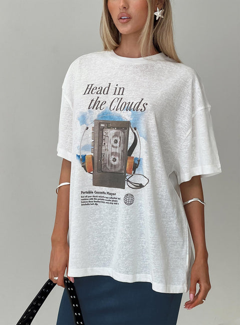front view of model wearing Princess Polly Cloud Cassette Oversized Tee White Full Sleeves High Neck 
