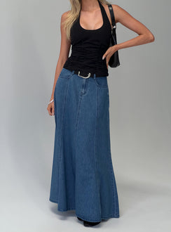 back view of model wearing Princess Polly Charleigh Soft Pleat Denim Maxi Skirt Mid Blue Wash Maxi 