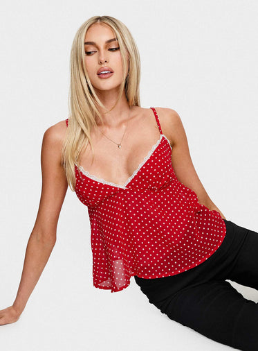 Darlyne Lace Trim Cami Top Red Polka