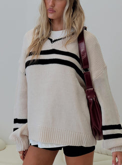 front view of model wearing Princess Polly Mystique Knit Sweater Cream Long 