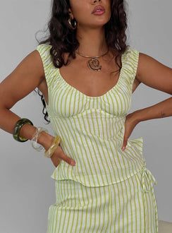 With Pleasure Puff Sleeve Linen Blouse Top Green / Blue Stripe