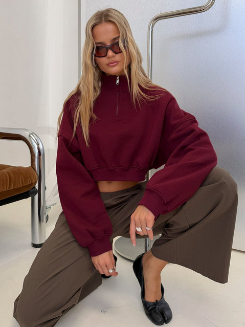 Astridd 3/4 Zip Cropped Jumper Cherry
