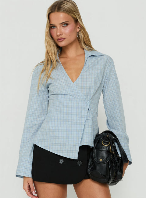 Keiraa Cross Front Long Sleeve Shirt Blue Check