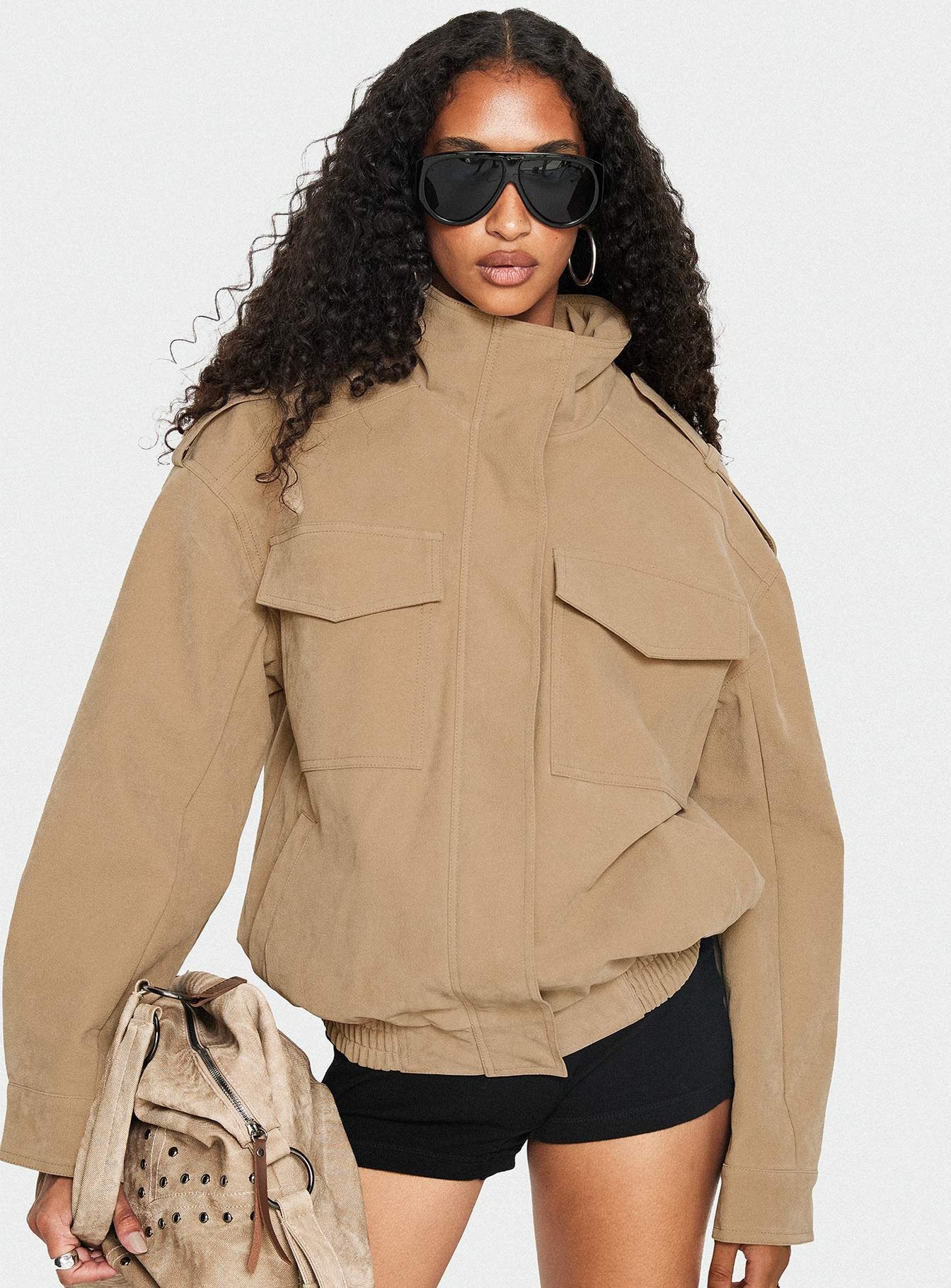 Double Life Funnel Neck Cargo Jacket Beige