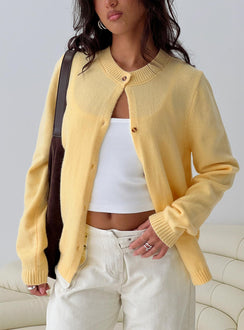 front view of model wearing Princess Polly Arica Button Up Knit Cardigan Lemon Long 