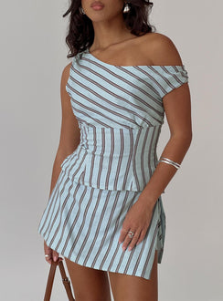 side view of model wearing Princess Polly Gulliver Tie Side Mini Skort Blue / Maroon Stripe High Waisted Shorts 