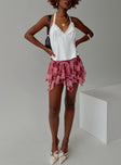 Mini skirt Floral print, mesh material, ruching detail, jagged hem Good stretch, fully lined  Princess Polly Lower Impact 