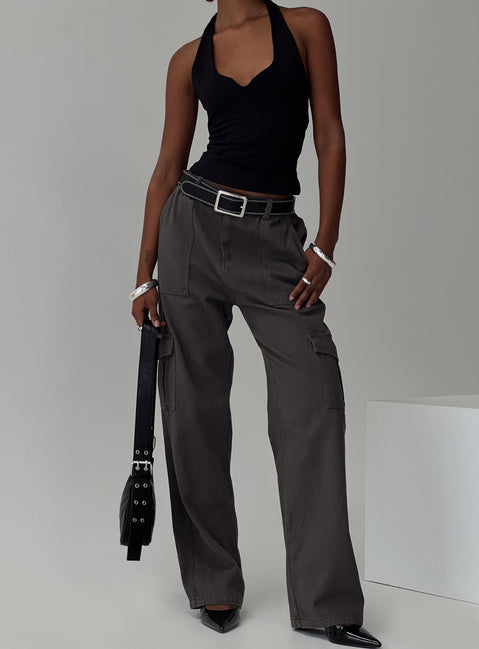 back view of model wearing Princess Polly Pawley Cargo Pants Slate High Waisted Pants 