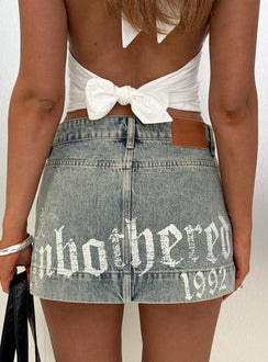   front view of model wearing Princess Polly Arigatou Graphic Denim Mini Skirt Light Blue Mini Skirts Skirts 