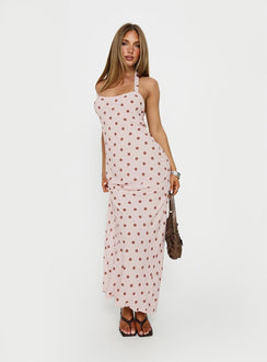 Picante Bias Cross Back Maxi Dress Pink Polka