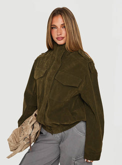 Double Life Funnel Neck Cargo Jacket Olive Green