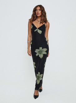front view of model wearing Princess Polly Stardrop Maxi Dress Black Floral V-Neck 