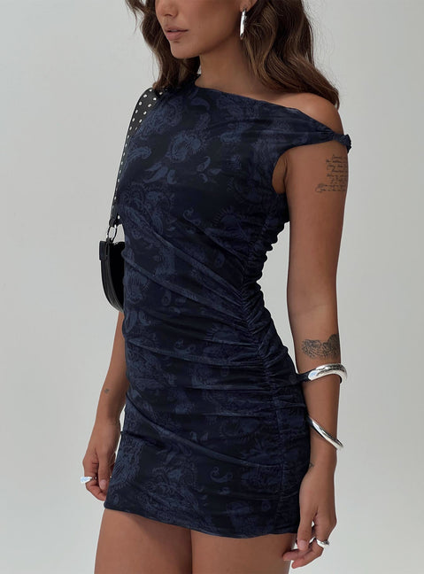 back view of model wearing Princess Polly Cadzow Mini Dress Navy Asymmetric Neckline 