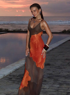 Carita Sheer Chiffon Maxi Dress Brown / Orange Floral