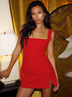 front view of model wearing Princess Polly Bombshell Mini Dress Red Petite Square Neck 