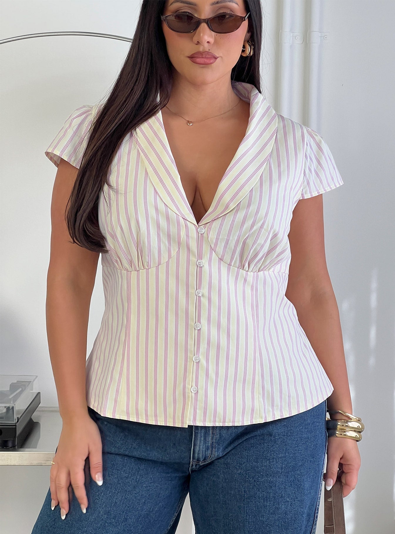 Ellis Island Collared Top Pink Stripe Curve