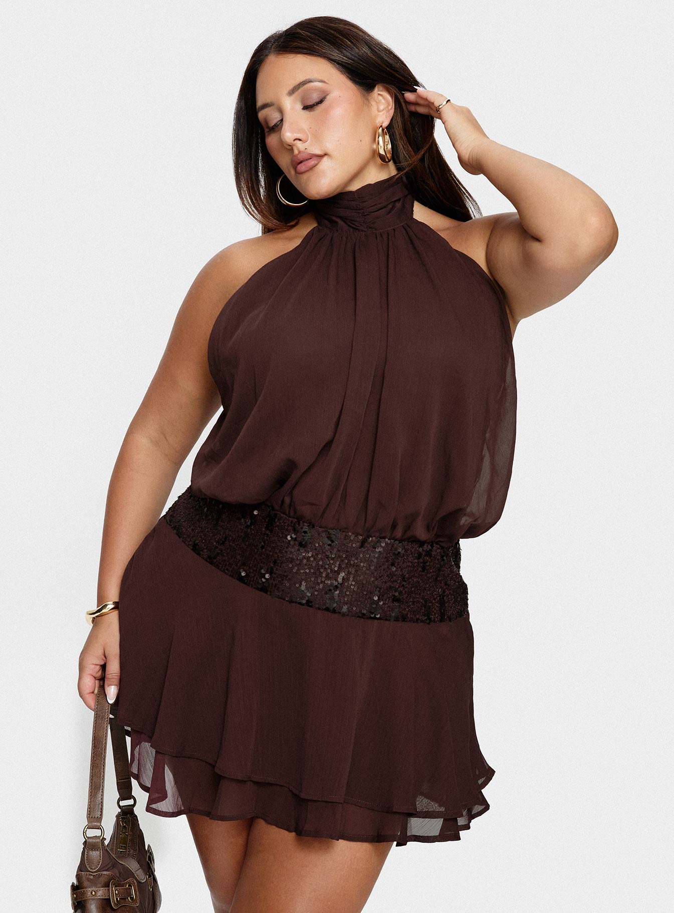 Zenayda Drop Waist Sequin Mini Dress Brown Curve