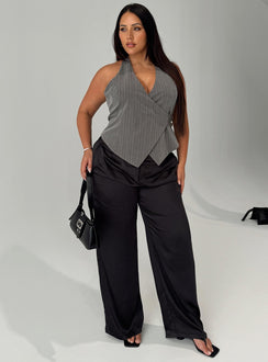 front view of model wearing Princess Polly First Place Low Rise Satin Pant Black Curve Low Rise Pants 