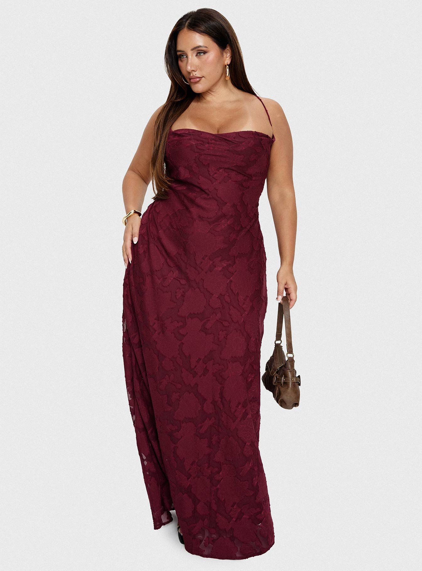 strapless open back dress Celena Maxi Dress Burgundy Burnout Curve