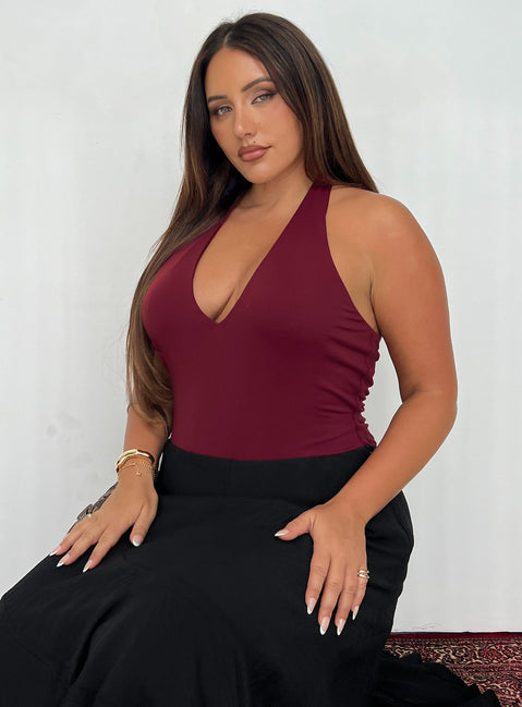 Someone New Halter Bodysuit Burgundy Curve
