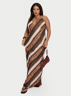Esmira Halter Maxi Dress Brown Stripe Curve