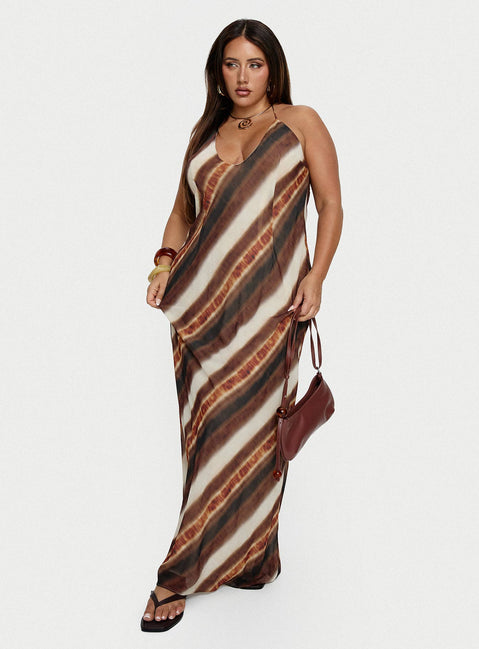 Esmira Halter Maxi Dress Brown Stripe Curve