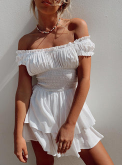 White romper Soft textured material Can be worn on or off the shoulder Shirred waistband Ruffle detailing Elasticated neck and sleeves Good stretch Fully lined